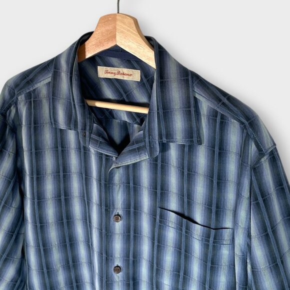 TOMMY BAHAMA Long Sleeve Button Up Mens LARGE Blue Plaid Silk Cotton Blend - Picture 3 of 8